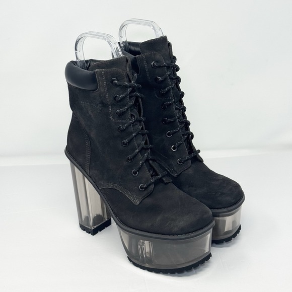 Dolls Kill Darker Wavs Kickdrum Clear Heeled Suede Work Boots Black Size 9 - Picture 2 of 16